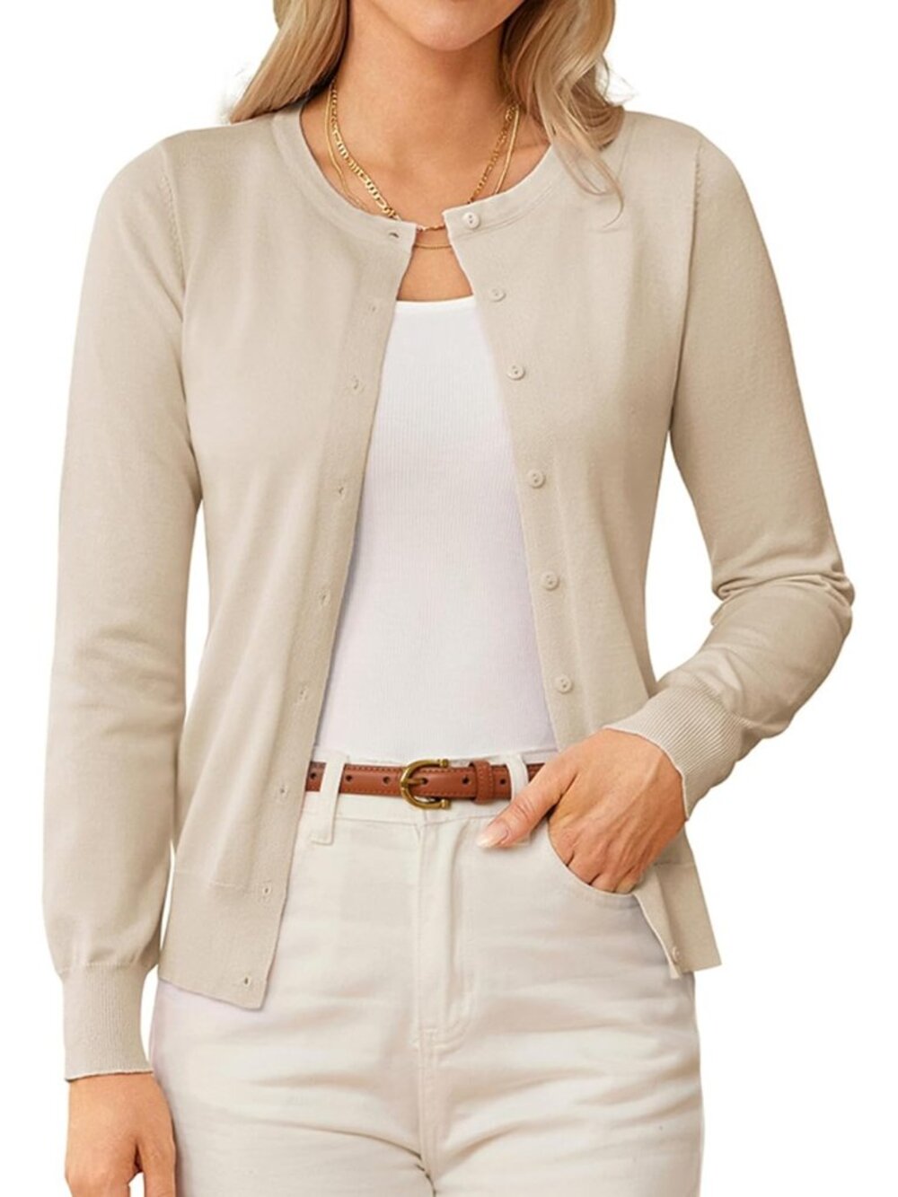 🆕Women's Tan Lightweight Knit Cardigan Sweater Crew Neck Button Front
